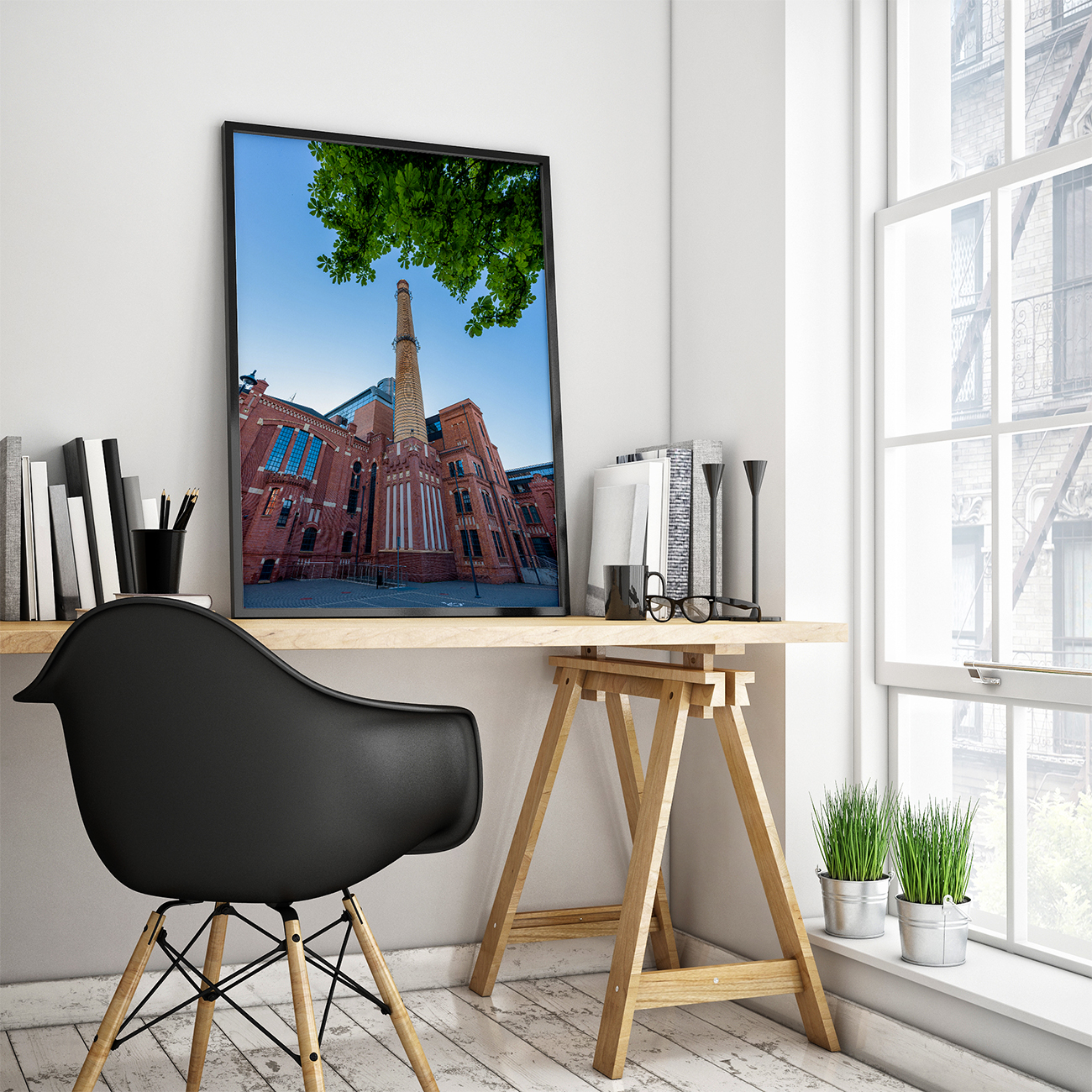 Plakat z widokiem na EC1 w Łodzi i ceglany komin dawnej elektrociepłowni | Łódź4Home