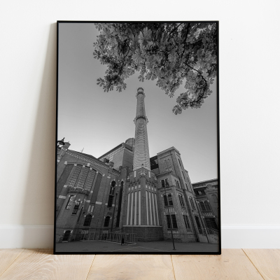 Plakat Łódź – EC1 i ceglany komin b/w