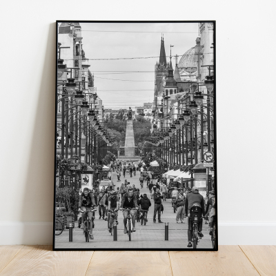 Plakat Łódź – ulica Piotrkowska i Pomnik Kościuszki b/w